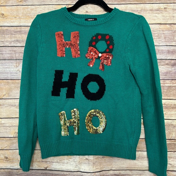 Forever 21 Green Embellished Sequins Ugly Christmas Sweater Juniors Small - Picture 2 of 5